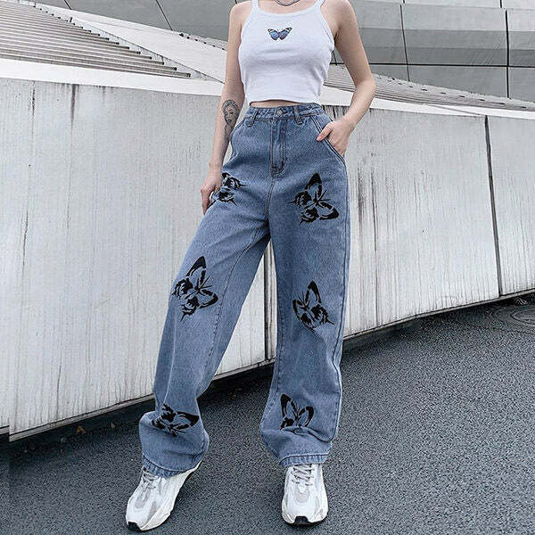 Trendy Butterfly Print Jeans - Y2K Fashion Must-Have for 2000s Style