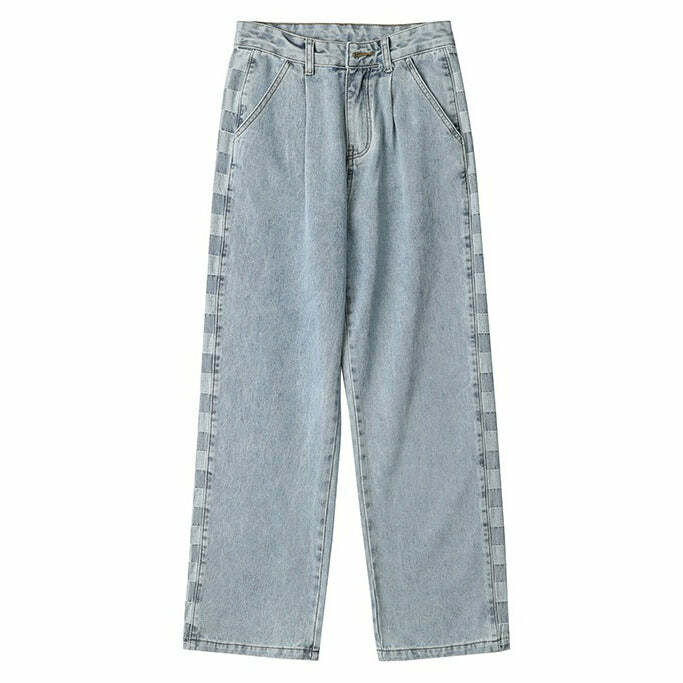 Trendy Checker Print Wide-Leg Jeans for Y2K Fashion Lovers