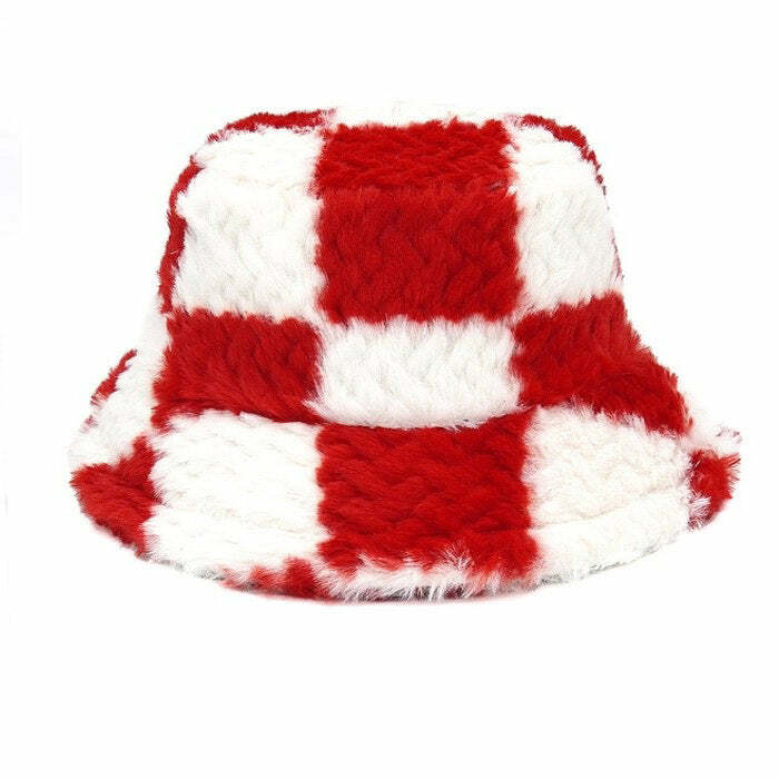 Trendy Checkered Fuzzy Bucket Hat - Y2K Fashion Essential for 2000s Style