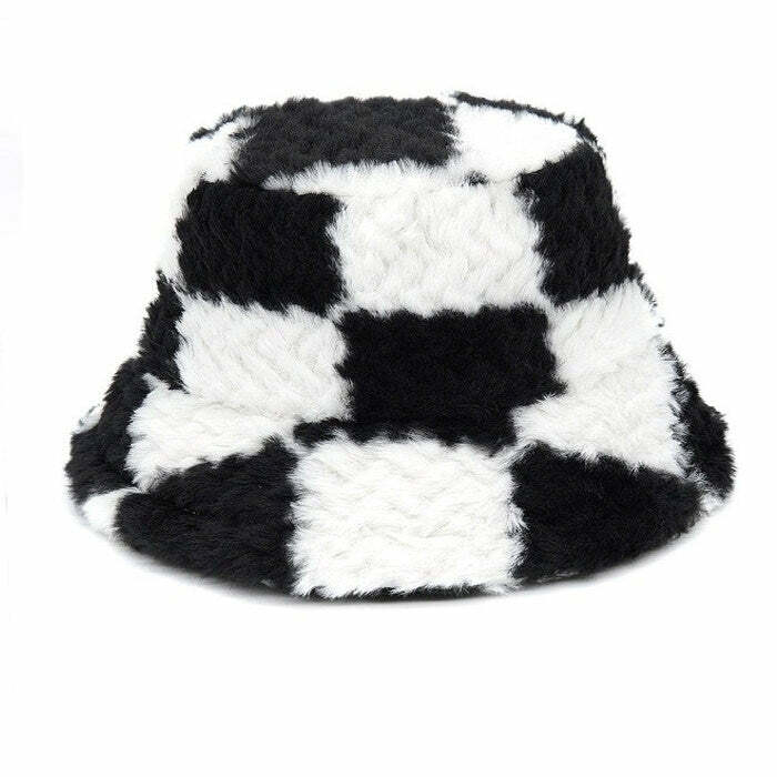 Trendy Checkered Fuzzy Bucket Hat - Y2K Fashion Essential for 2000s Style