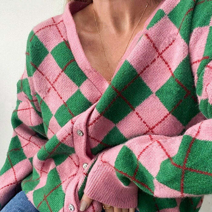 Trendy Green & Pink Argyle Cardigan - Y2K Fashion Essential