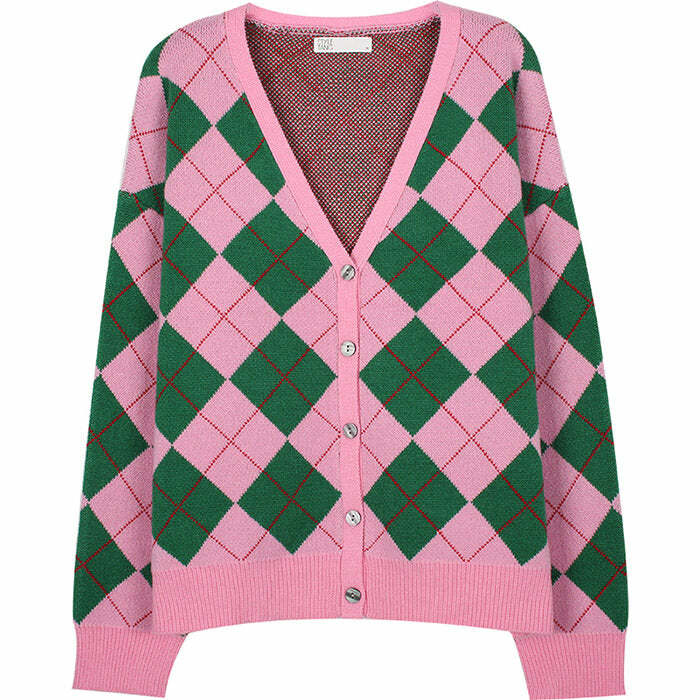 Trendy Green & Pink Argyle Cardigan - Y2K Fashion Essential