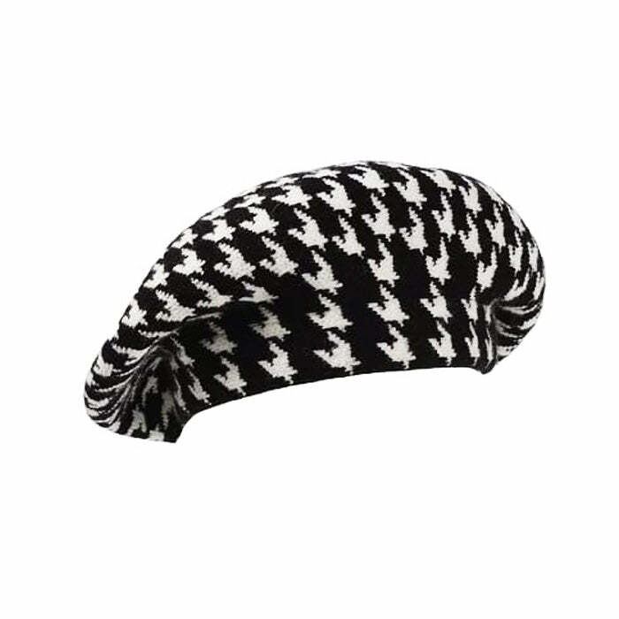 Trendy Houndstooth Beret - Y2K Fashion Essential for Stylish Outfits