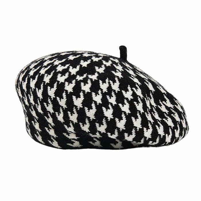 Trendy Houndstooth Beret - Y2K Fashion Essential for Stylish Outfits