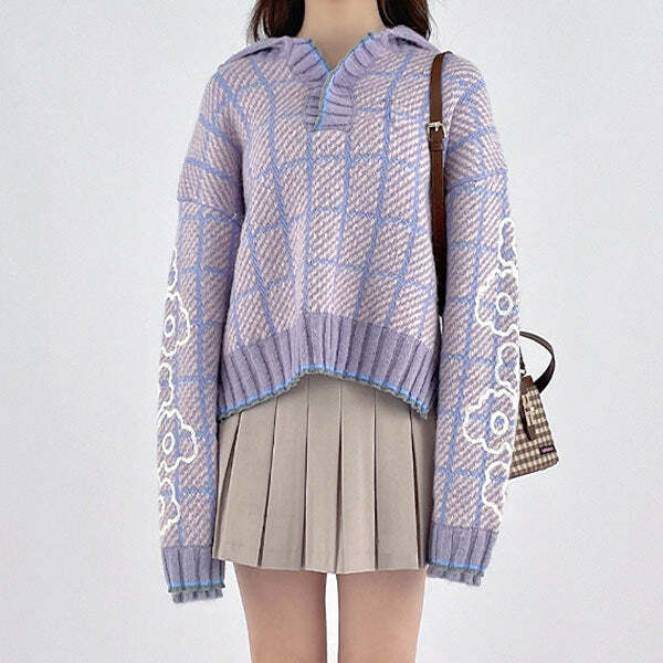 Trendy Lavender Plaid Sweater - Y2K Fashion Essential for Stylish Looks