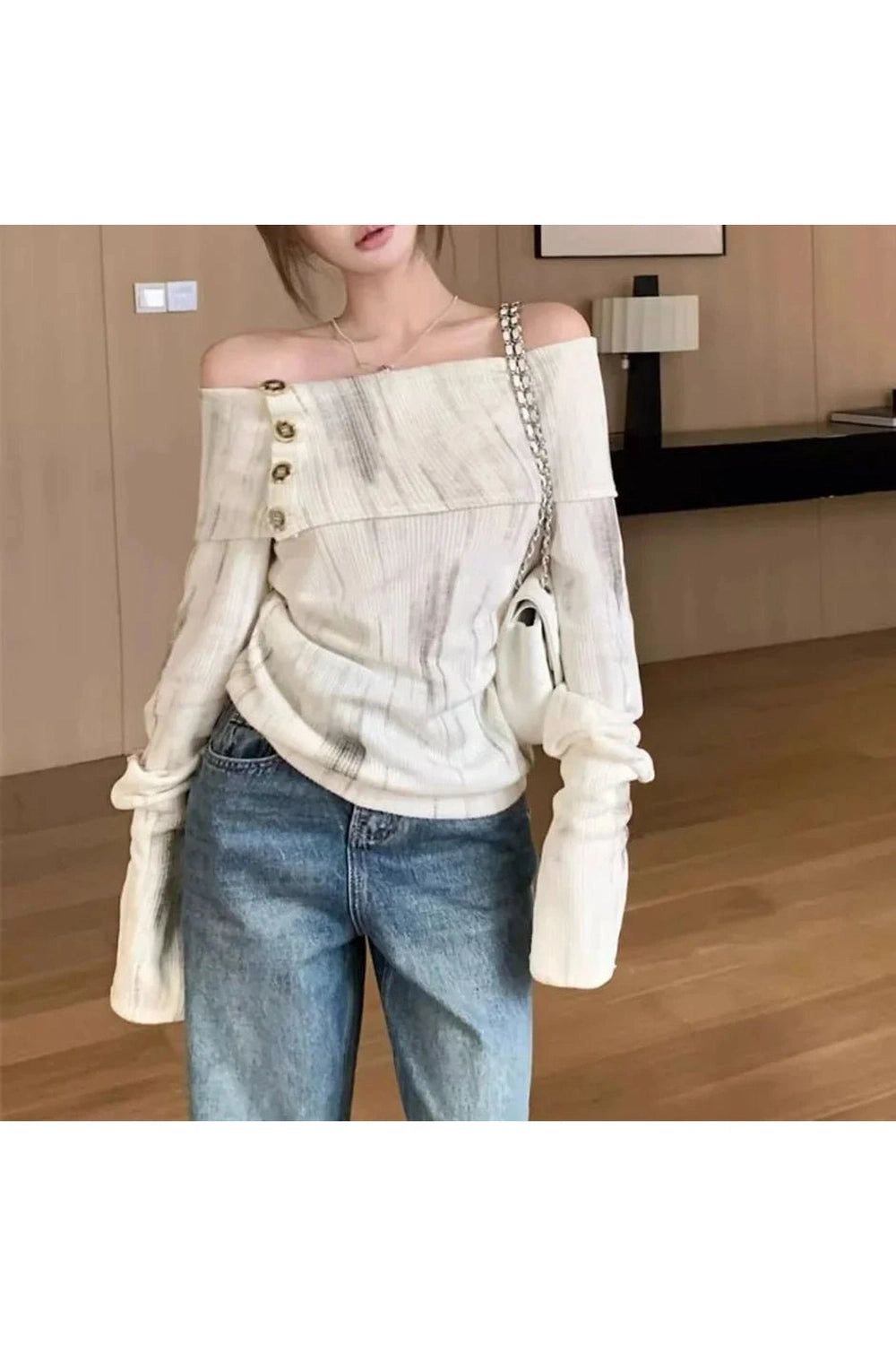 Trendy Off-Shoulder Buttoned Knit Top - Y2K Fashion Essential