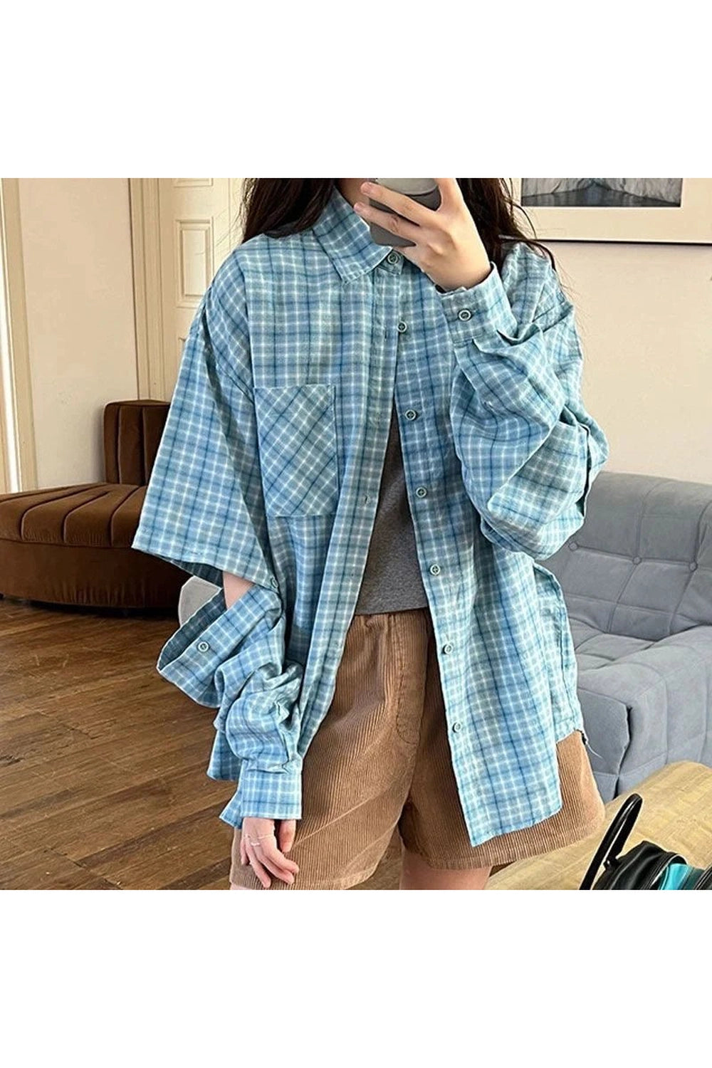 Trendy Oversized Sky Plaid Shirt - Y2K Fashion Essential for Stylish Looks