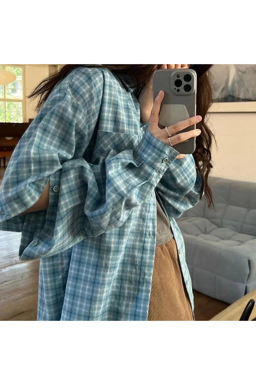 Trendy Oversized Sky Plaid Shirt - Y2K Fashion Essential for Stylish Looks