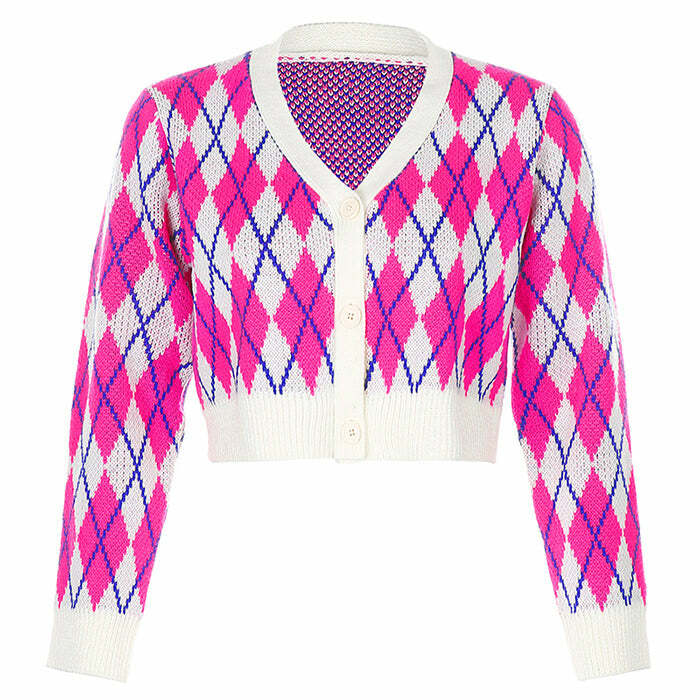 Trendy Pink Argyle Check Cardigan - Y2K Fashion Essential