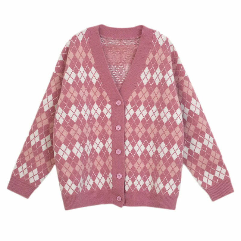 Trendy Pink Argyle Knit Cardigan - Y2K Fashion Essential for 2000s Style