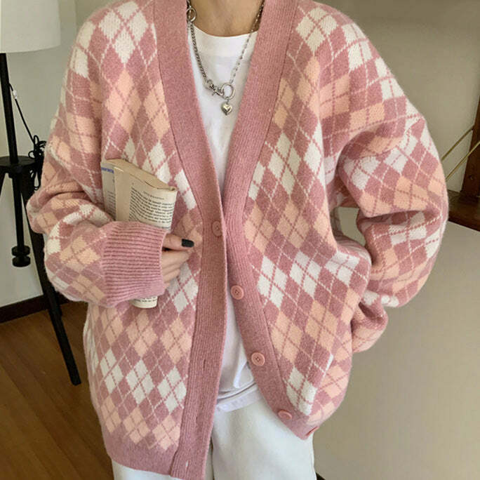 Trendy Pink Argyle Knit Cardigan - Y2K Fashion Essential for 2000s Style