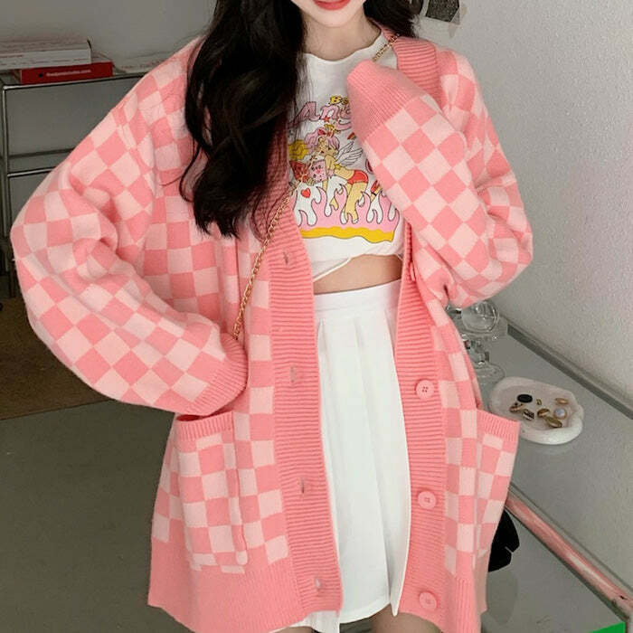 Trendy Pink Checkered Cardigan - Y2K Fashion Essential for Stylish Looks