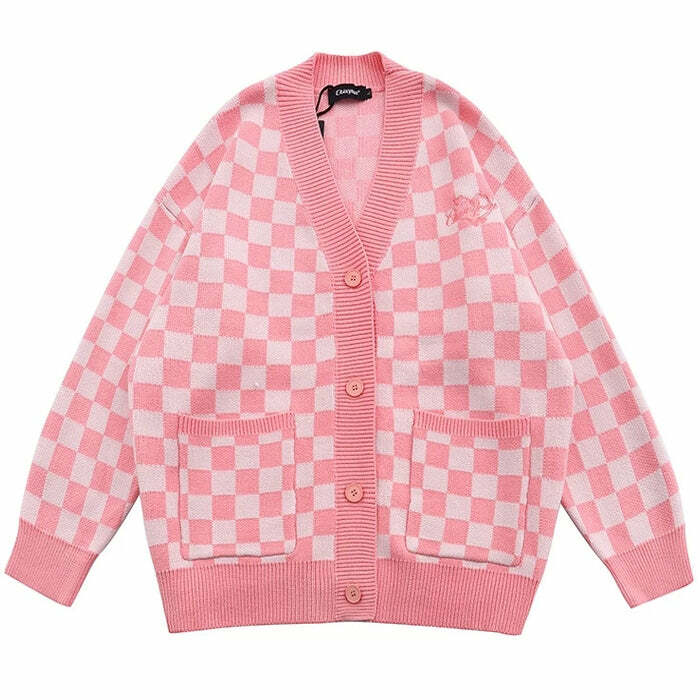 Trendy Pink Checkered Cardigan - Y2K Fashion Essential for Stylish Looks