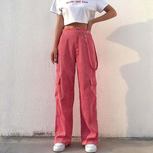 Trendy Pink Cord Cargo Pants - Y2K Fashion Essential for Stylish Outfits