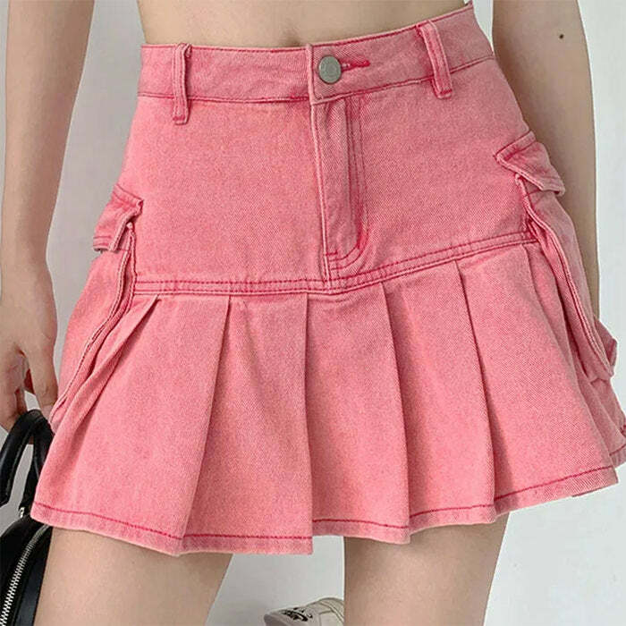 Trendy Pink Denim Cargo Mini Skirt - Y2K Fashion Essential