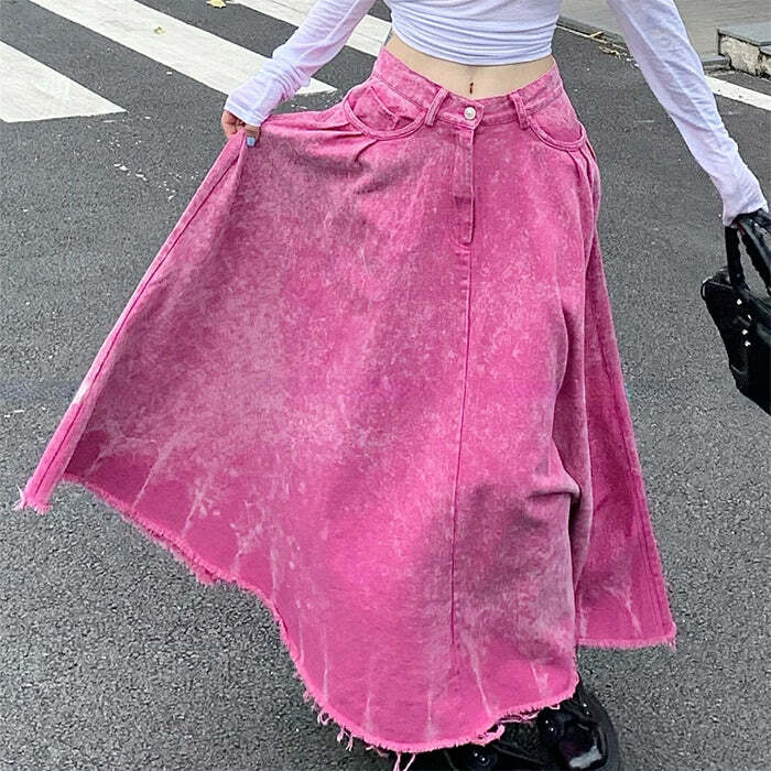 Trendy Pink Distressed Denim Maxi Skirt - Y2K Fashion Essential