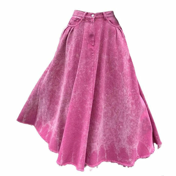 Trendy Pink Distressed Denim Maxi Skirt - Y2K Fashion Essential