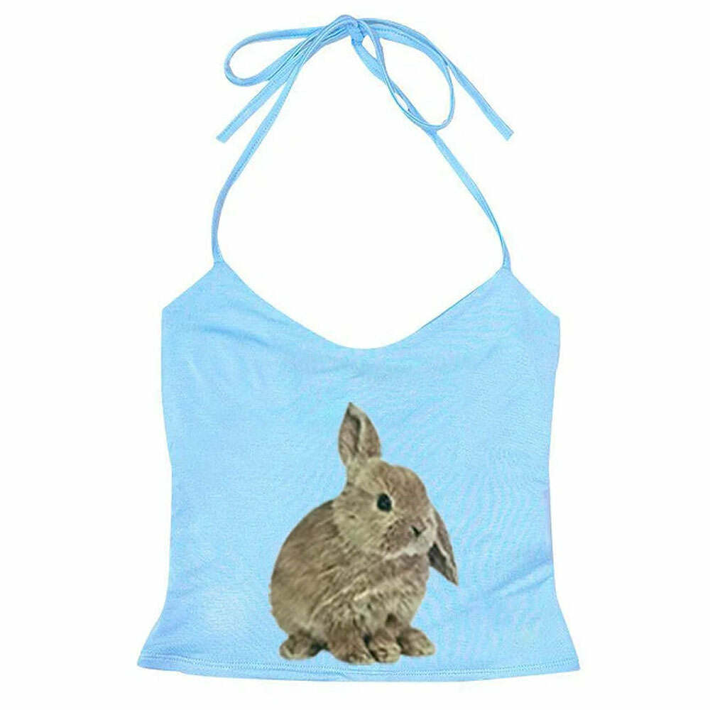 Trendy Rabbit Print Y2K Halter Top - Embrace 2000s Fashion Aesthetic