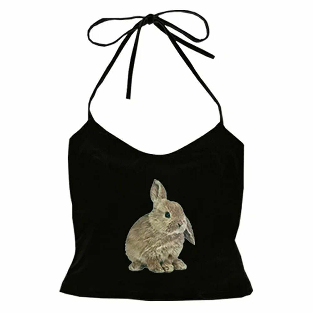 Trendy Rabbit Print Y2K Halter Top - Embrace 2000s Fashion Aesthetic