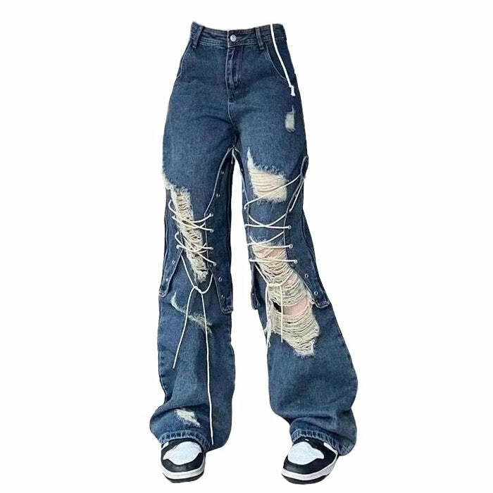 Trendy Ripped Lace Up Baggy Jeans - Y2K Fashion Essential