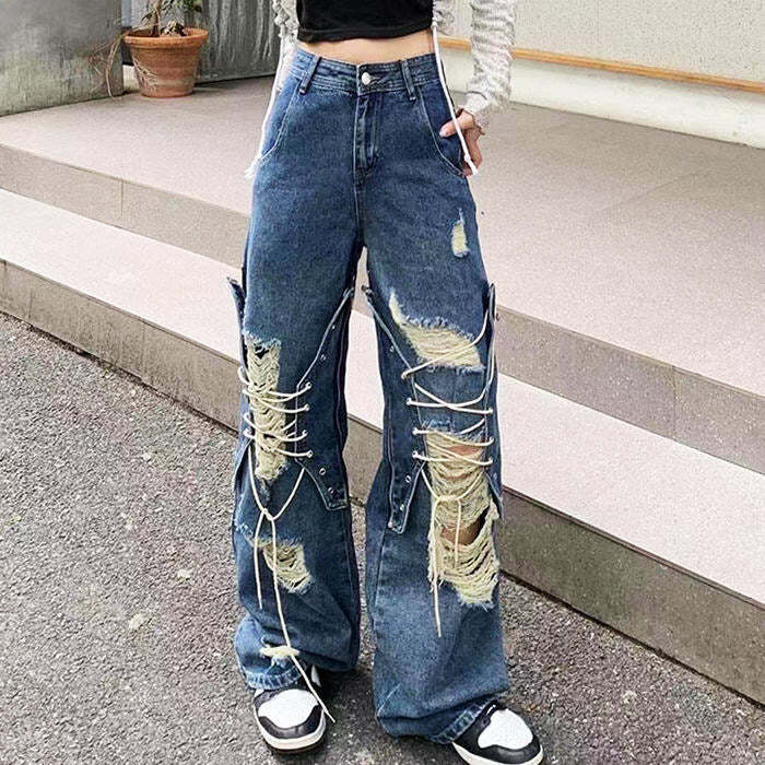 Trendy Ripped Lace Up Baggy Jeans - Y2K Fashion Essential