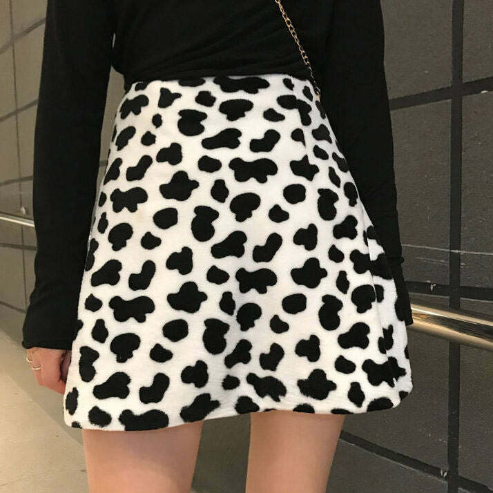 Trendy Shaggy Cow Skirt - Y2K Fashion Must-Have for 2000s Style