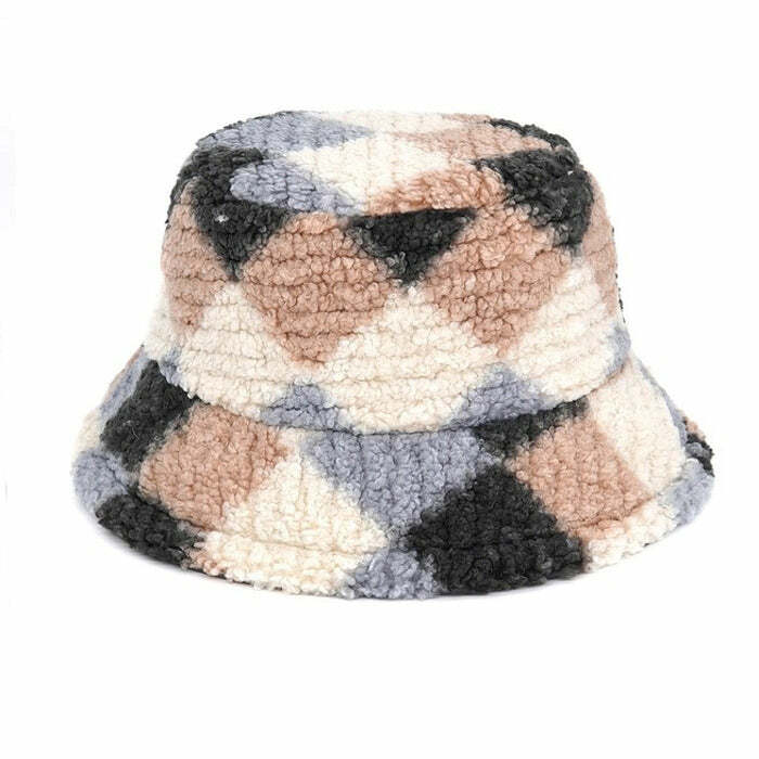 Trendy Y2K Argyle Fuzzy Bucket Hat - 2000s Fashion Aesthetic