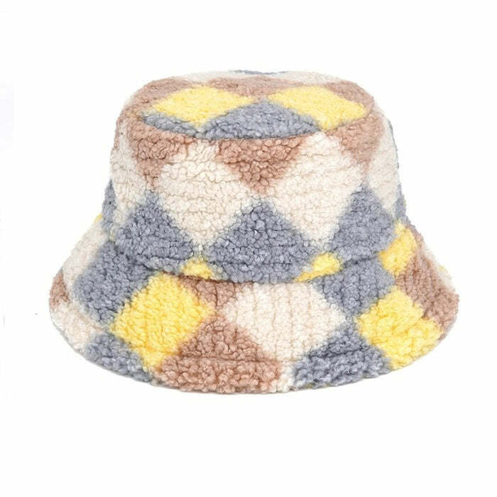 Trendy Y2K Argyle Fuzzy Bucket Hat - 2000s Fashion Aesthetic