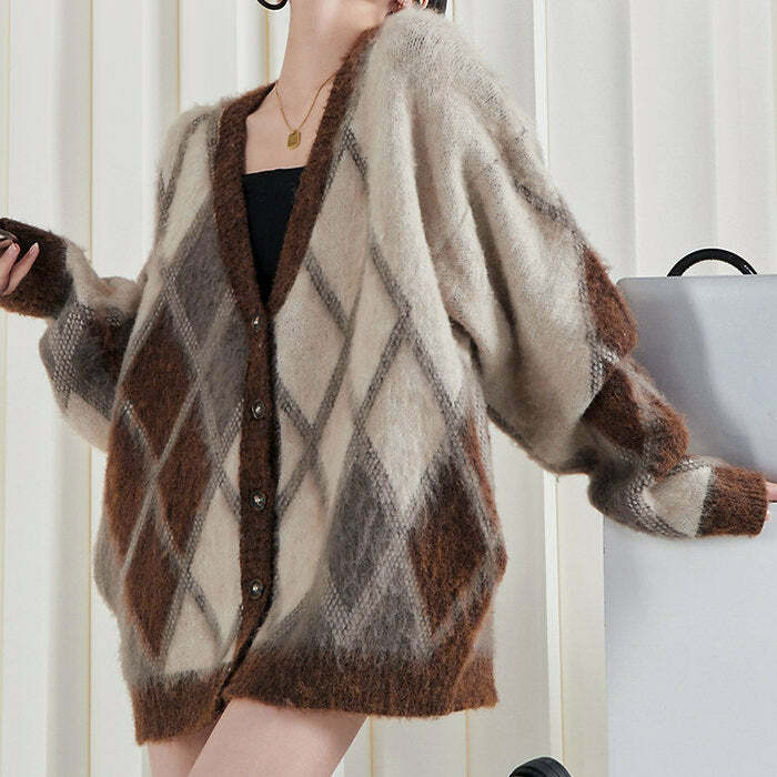 Trendy Y2K Argyle Fuzzy Cardigan - Retro 2000s Style Essential