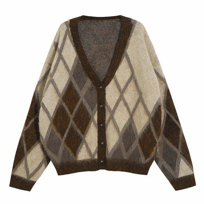 Trendy Y2K Argyle Fuzzy Cardigan - Retro 2000s Style Essential