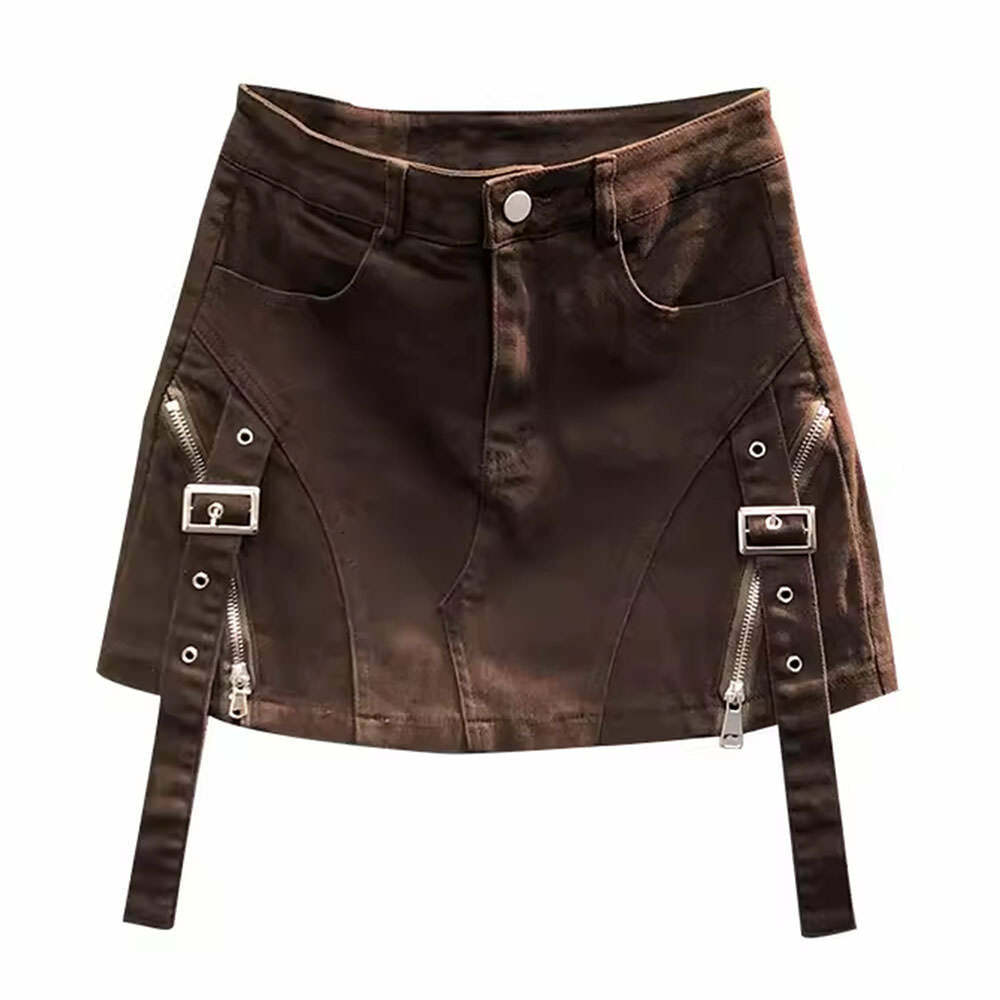 Trendy Y2K Brown Denim Buckle Skirt - 2000s Fashion Essential