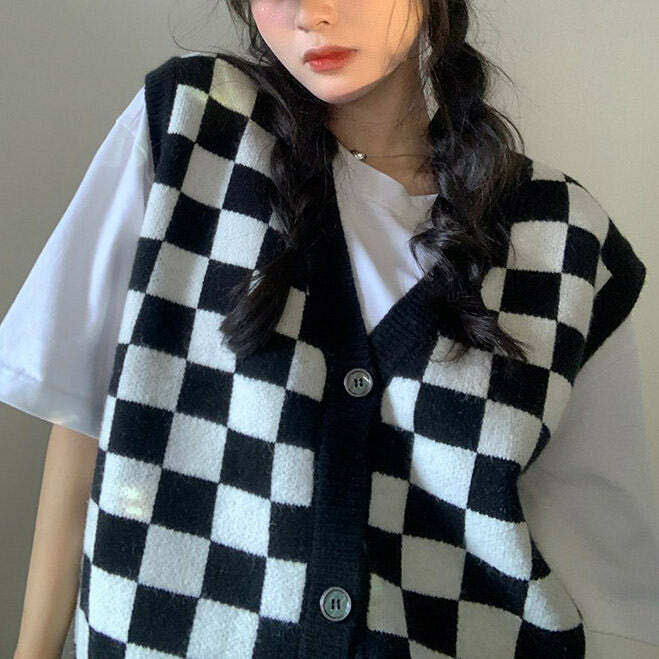 Trendy Y2K Checker Vest - Retro 2000s Fashion Essential for Stylish Looks