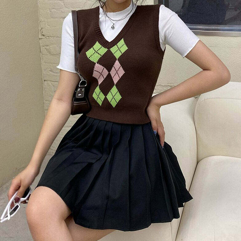 Trendy Y2K Fashion Brown Argyle Vest - Retro 2000s Style Essential