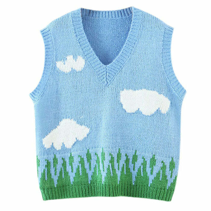 Trendy Y2K Fashion Cloud Knit Vest - 2000s Style Essential