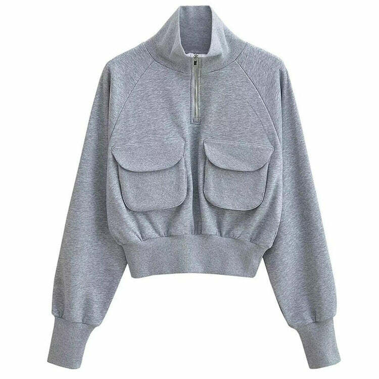 Trendy Y2K Fashion Grey Zip-Up Sweatshirt with Front Pockets