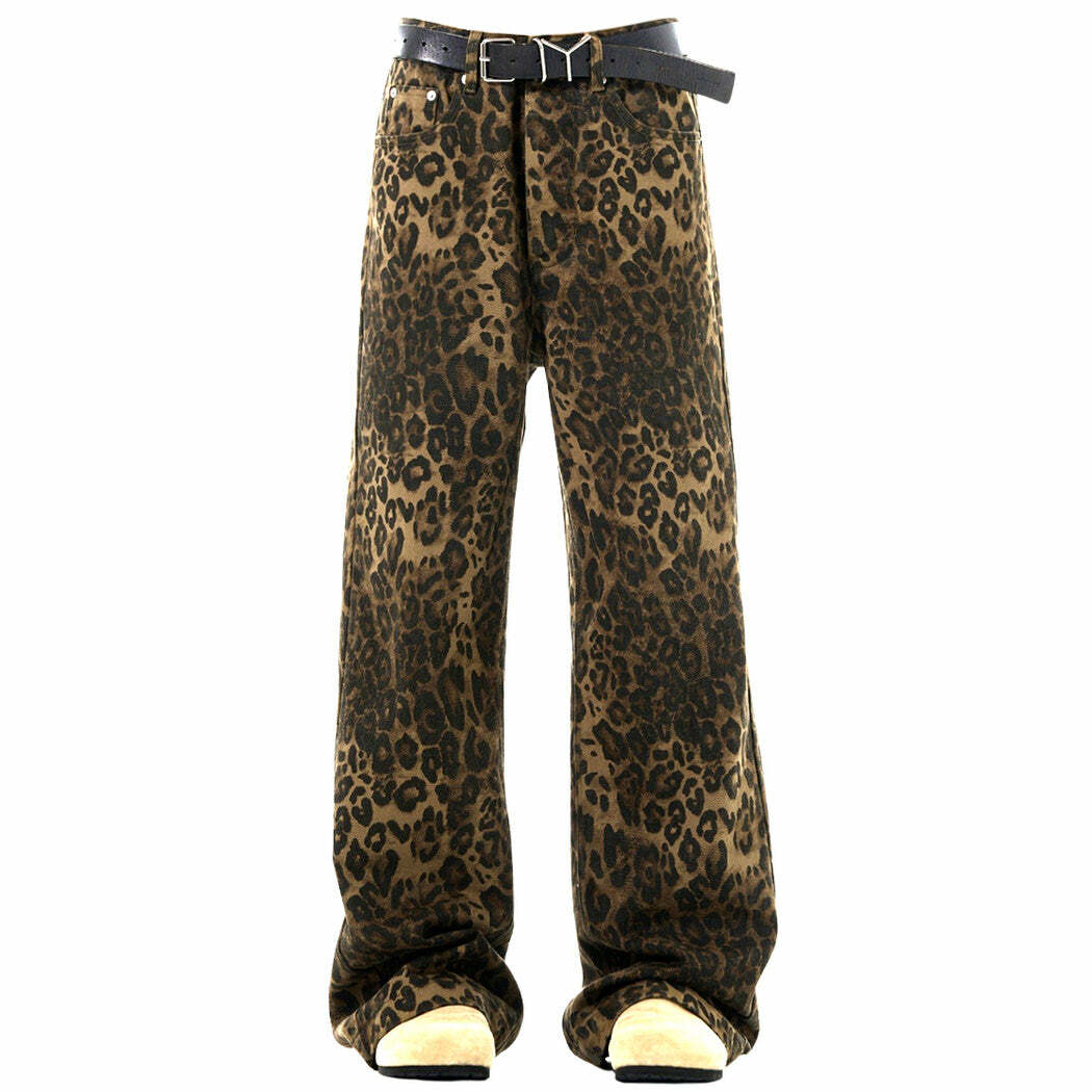 Trendy Y2K Fashion Leopard Wide-Leg Jeans for a Retro 2000s Look