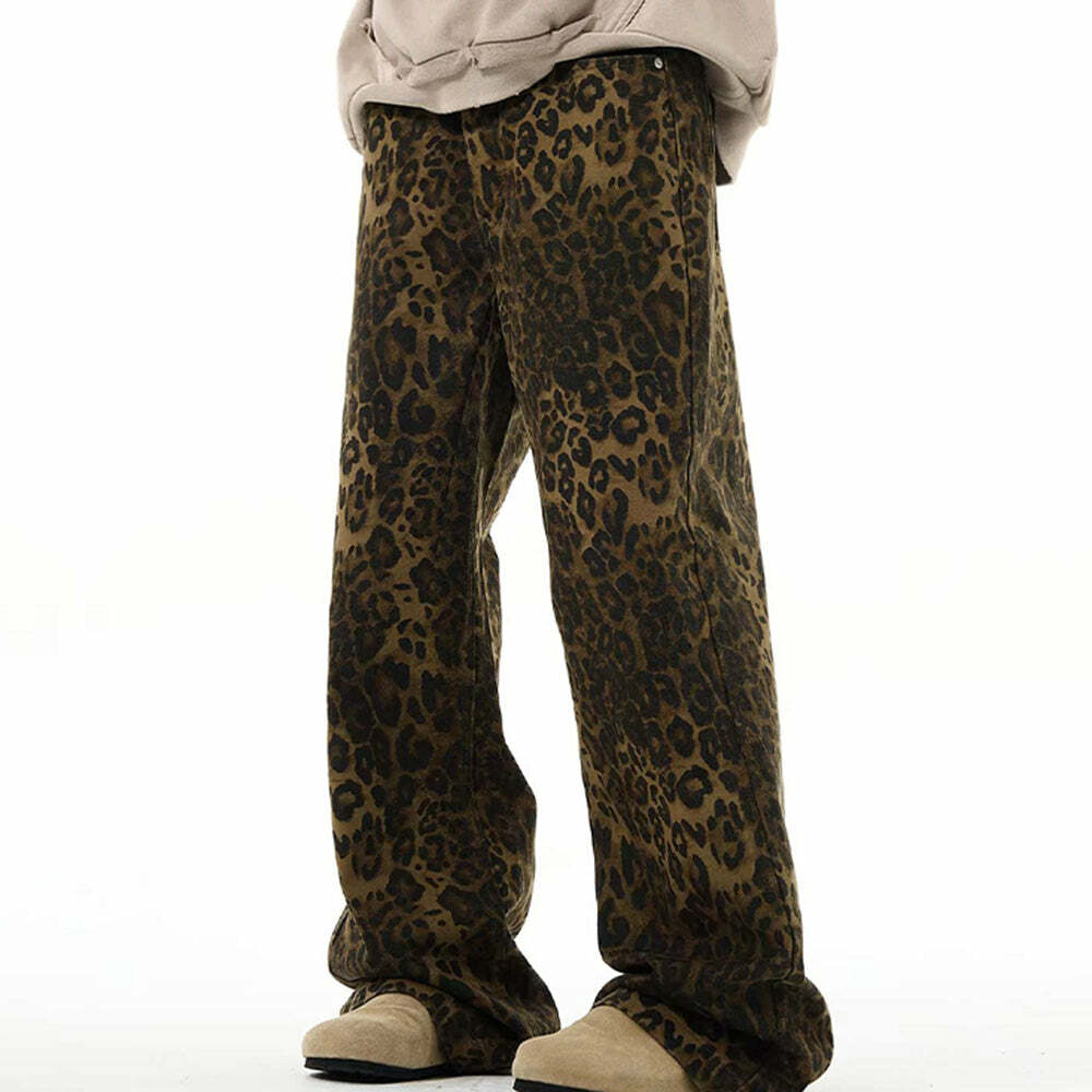 Trendy Y2K Fashion Leopard Wide-Leg Jeans for a Retro 2000s Look