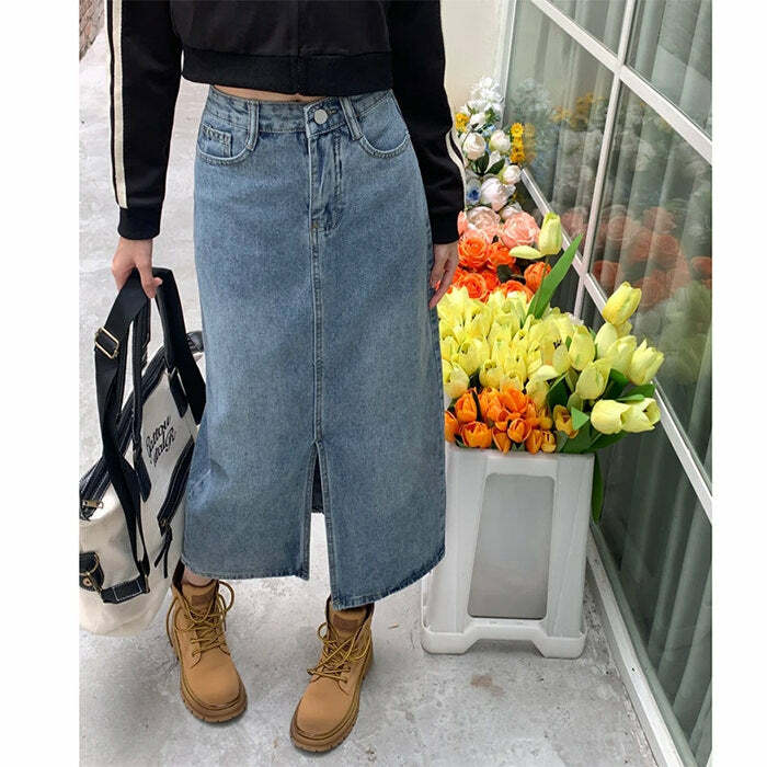 Trendy Y2K Fashion Split Denim Skirt - 2000s Style Essential