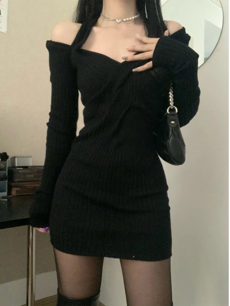 Trendy Y2K Off-Shoulder Knit Mini Dress for a Chic 2000s Look