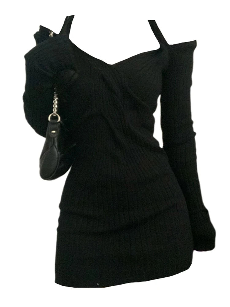 Trendy Y2K Off-Shoulder Knit Mini Dress for a Chic 2000s Look