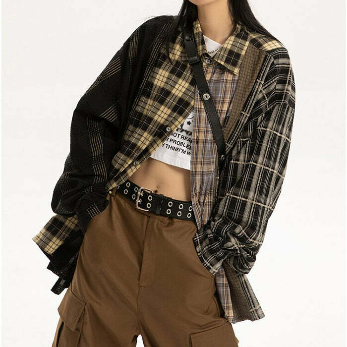 Trendy Y2K Oversized Plaid Shirt - Vintage 2000s Style Essential