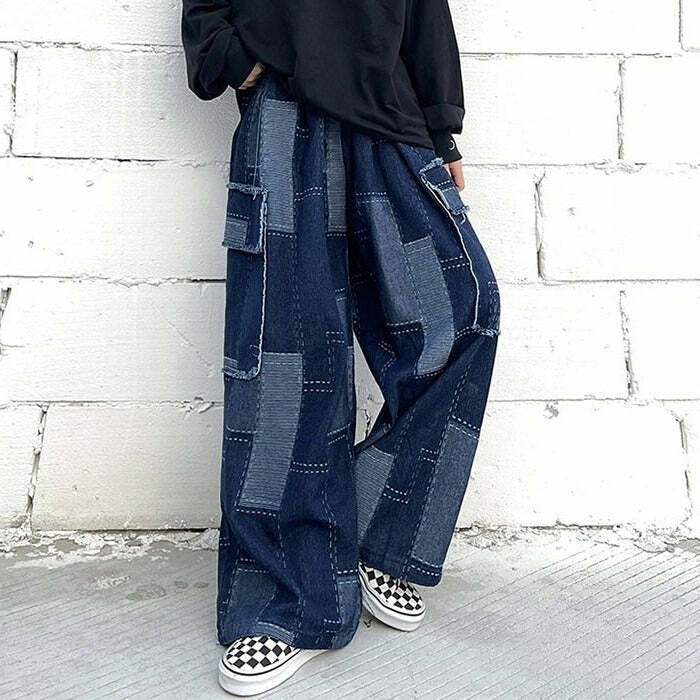 Trendy Y2K Patchwork Baggy Jeans - Embrace 2000s Fashion Vibes