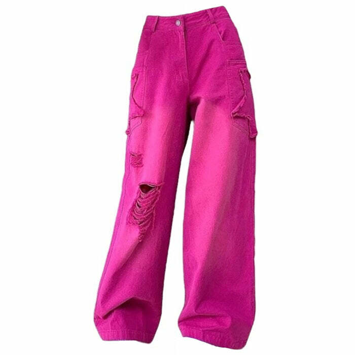 Trendy Y2K Pink Star Ripped Baggy Jeans - Iconic 2000s Fashion Style