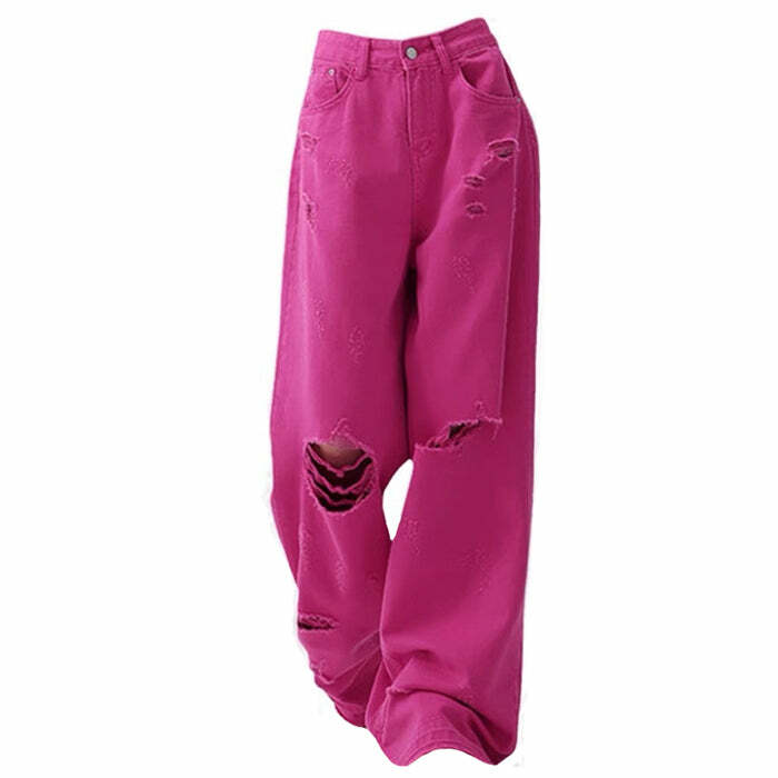 Trendy Y2K Pink Star Ripped Baggy Jeans - Iconic 2000s Fashion Style