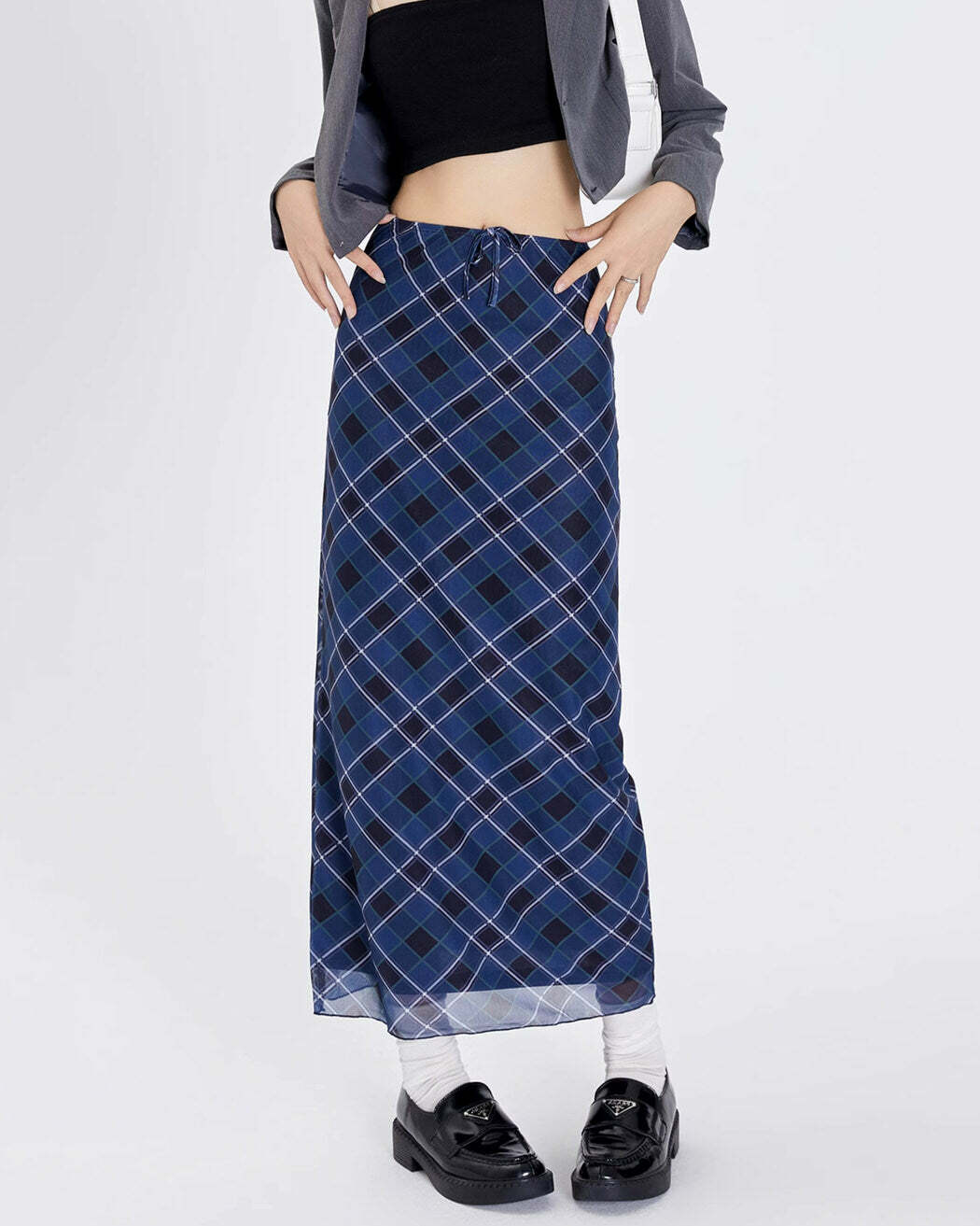 Trendy Y2K Plaid Maxi Skirt in Blue - Embrace 2000s Fashion Vibes