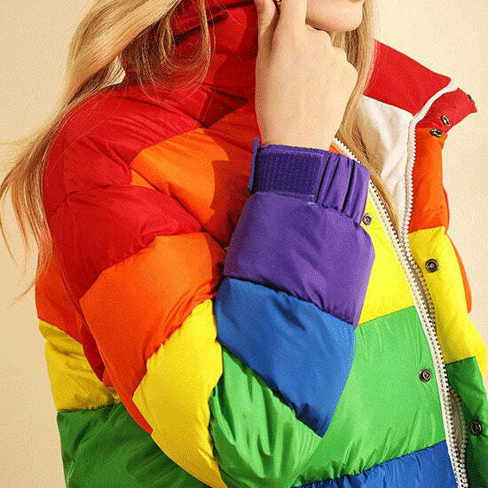 Trendy Y2K Rainbow Puffer Jacket - 2000s Fashion Statement Piece