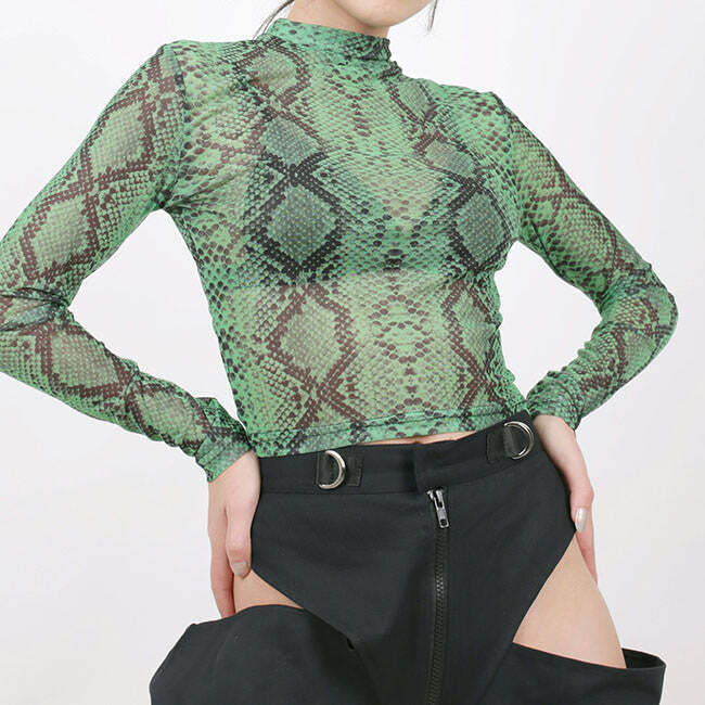 Trendy Y2K Snakeskin Mesh Top - Iconic 2000s Fashion Statement