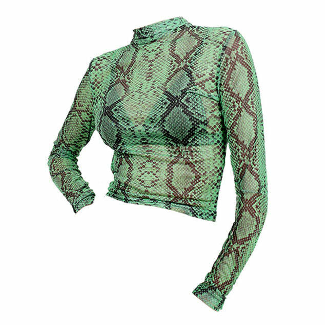 Trendy Y2K Snakeskin Mesh Top - Iconic 2000s Fashion Statement