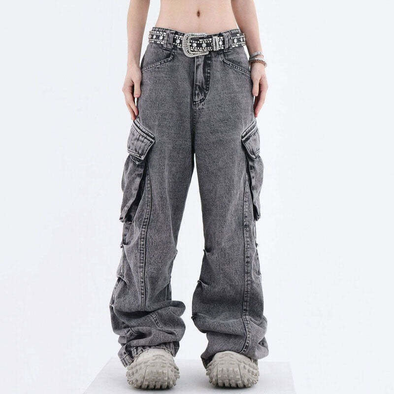 Trendy Y2K Wide Leg Cargo Jeans - 2000s Fashion Must-Have!