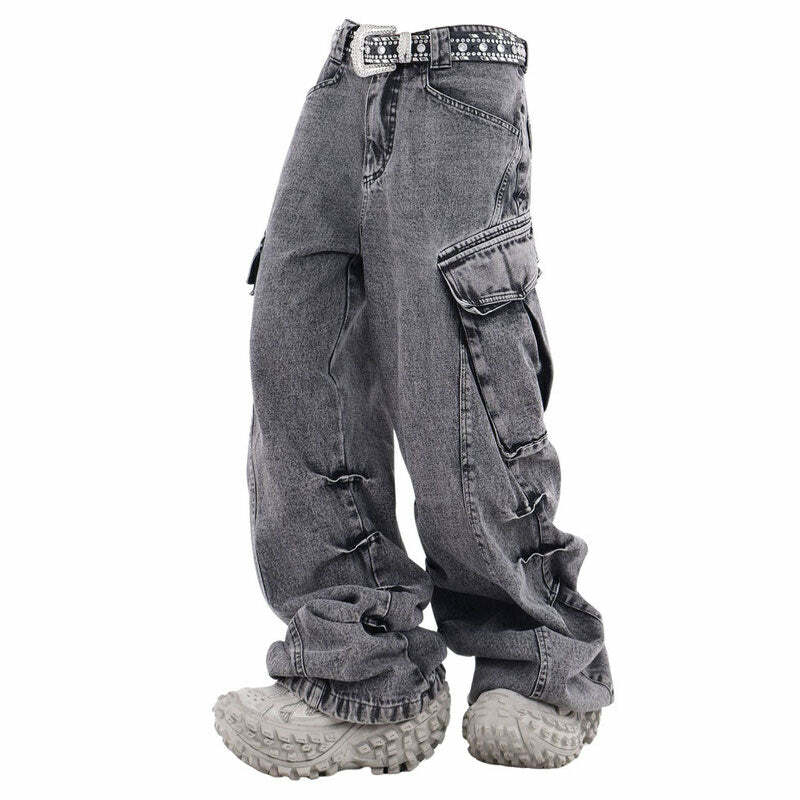 Trendy Y2K Wide Leg Cargo Jeans - 2000s Fashion Must-Have!